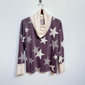 Live Well Mauve Star Leopard Print Cowl Neck Sweater Top Medium